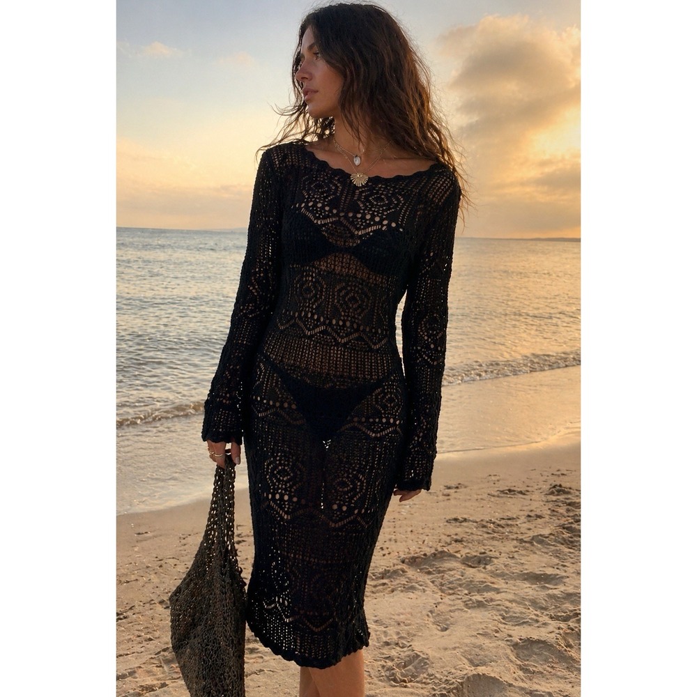 BCBGeneration Black Crochet Sheer Boho Dress Sz L Festival Beach Cover Up Grunge